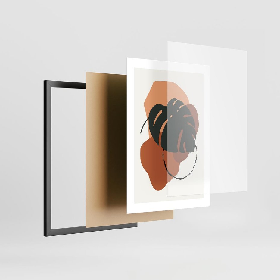Plakat w ramie 30x40 - Brązowa Ekspresja - liść monstery, boho obraz - rama czarna