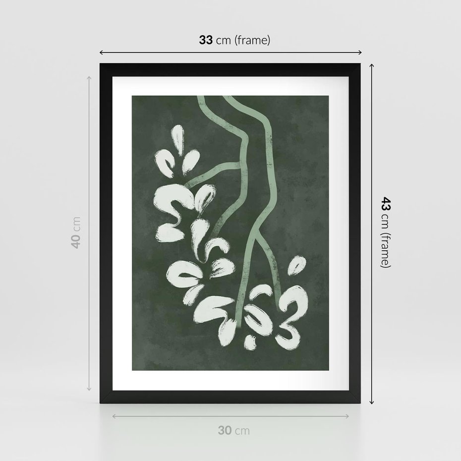 Plakat w ramie 30x40 - Rozkwitające Zielone Gałęzie - abstrakcyjne delikatne zielone linie, podobne do gałęzi kwiatów - rama czarna