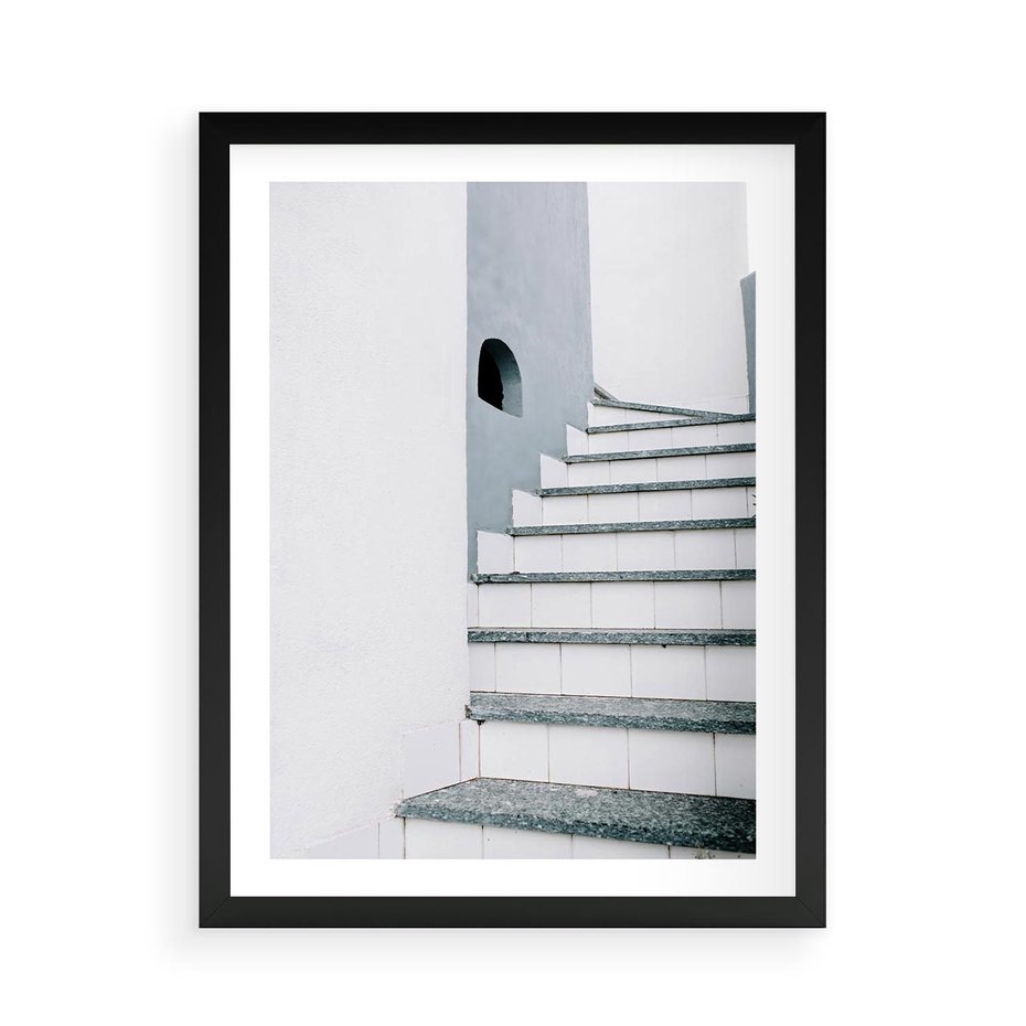 Plakat w ramie 50x70 - Schody ku Urokowi Wyspy - schody, santorini - rama czarna