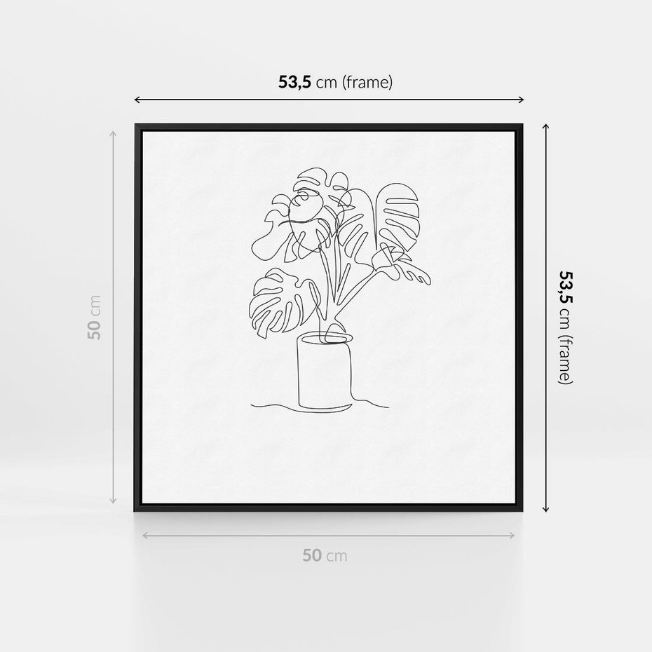 Obraz w ramie 50x50 - Tajemnicza Harmonia - sztuka one line, monstera - rama czarna