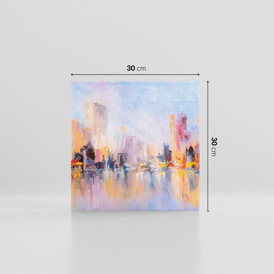 Obraz na płótnie 30x30 - Miasto Refleksji - olejna panorama miasta w oddali, wiezowce odbijają się w rzece
