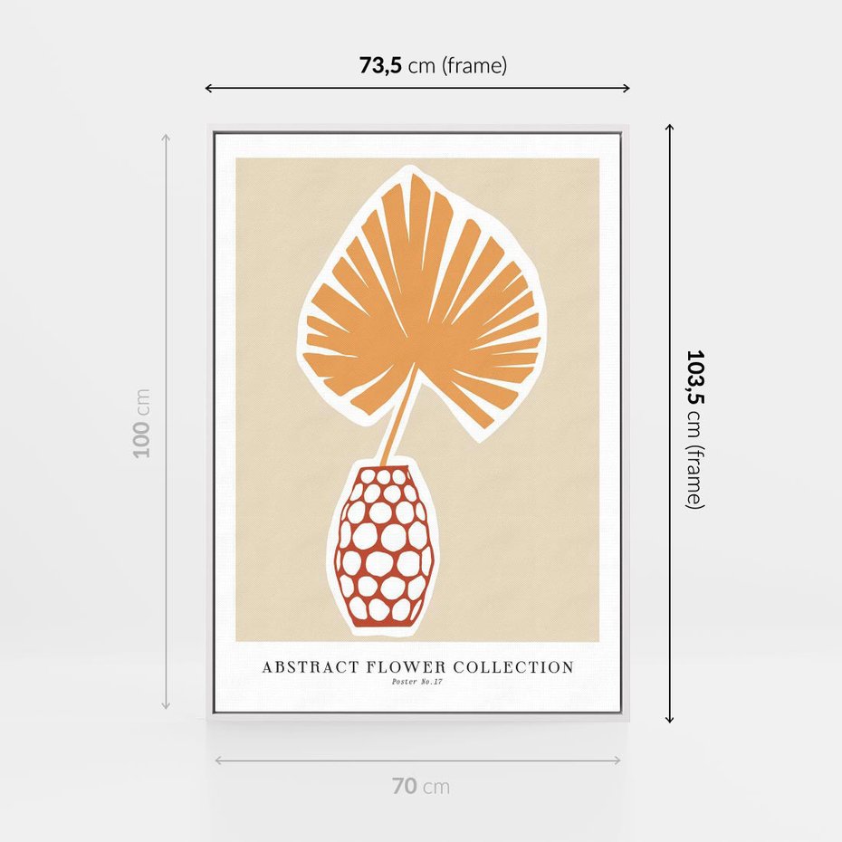 Obraz w ramie 70x100 - Kwiatowa Kreatywność - tropikalny liść w wazonie, typografia - rama biała