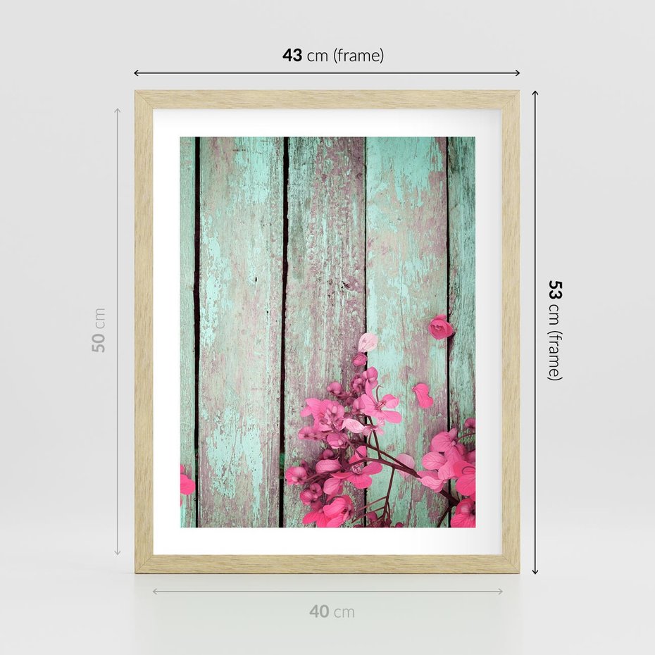 Plakat w ramie 40x50 - Urok Dawnych Czasów - kwiaty, deski - rama drewno