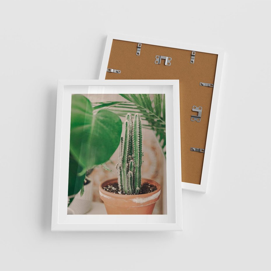 Plakat w ramie 40x50 - Boho Urok - kaktus w doniczce, gliniana doniczka - rama biała