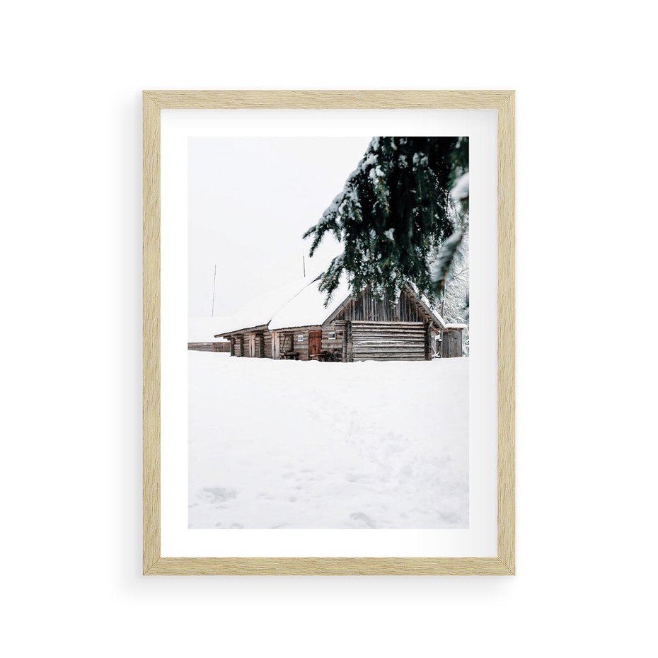 Plakat w ramie 30x40 - Zimowy Azyl - domek w górach, śnieg - rama drewno