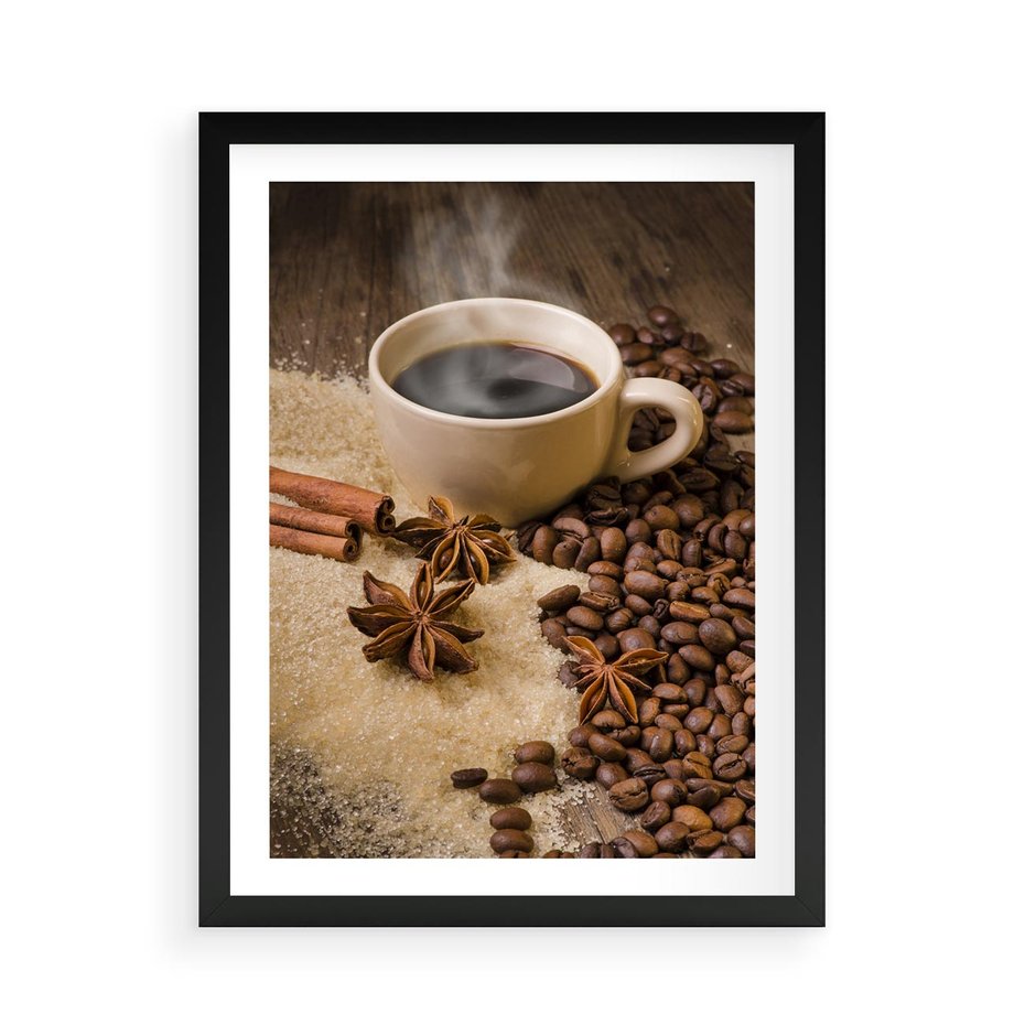 Plakat w ramie 50x70 - Kawowa filiżanka pełna aromatu - kawa, filiżanka - rama czarna