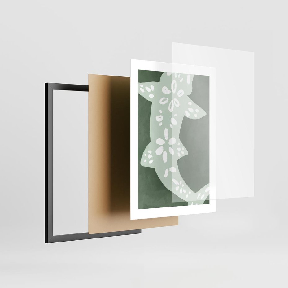 Plakat w ramie 30x40 - Migotliwe Wibracje Zieleni - zielony plakat, abstrakcja przypominająca rybę - rama czarna