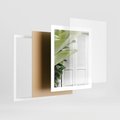 Plakat w ramie 40x50 - Tropikalne Okno - białe okiennice, zielona tropikalna roślina - rama biała