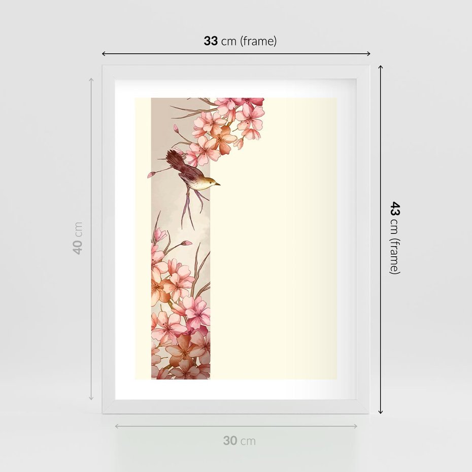 Plakat w ramie 30x40 - Rozkwitające Marzenia - japońska sztuka, ptak - rama biała