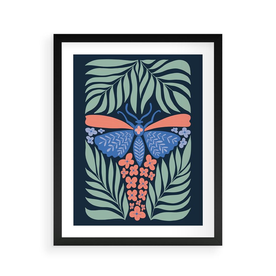 Plakat w ramie 40x50 - Granatowa Noc - granatowe tło, abstrajcyjna ćma - rama czarna