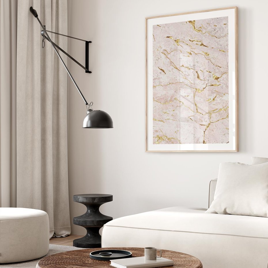 Plakat w ramie 50x70 - Beżowy Marmur i Złoto - marmur, beżowy marmur - rama drewno