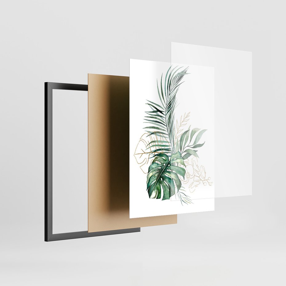 Zestaw obrazy w ramie 50x70 galeria - Liście, monstera, palma, złote, akwarela - rama czarna