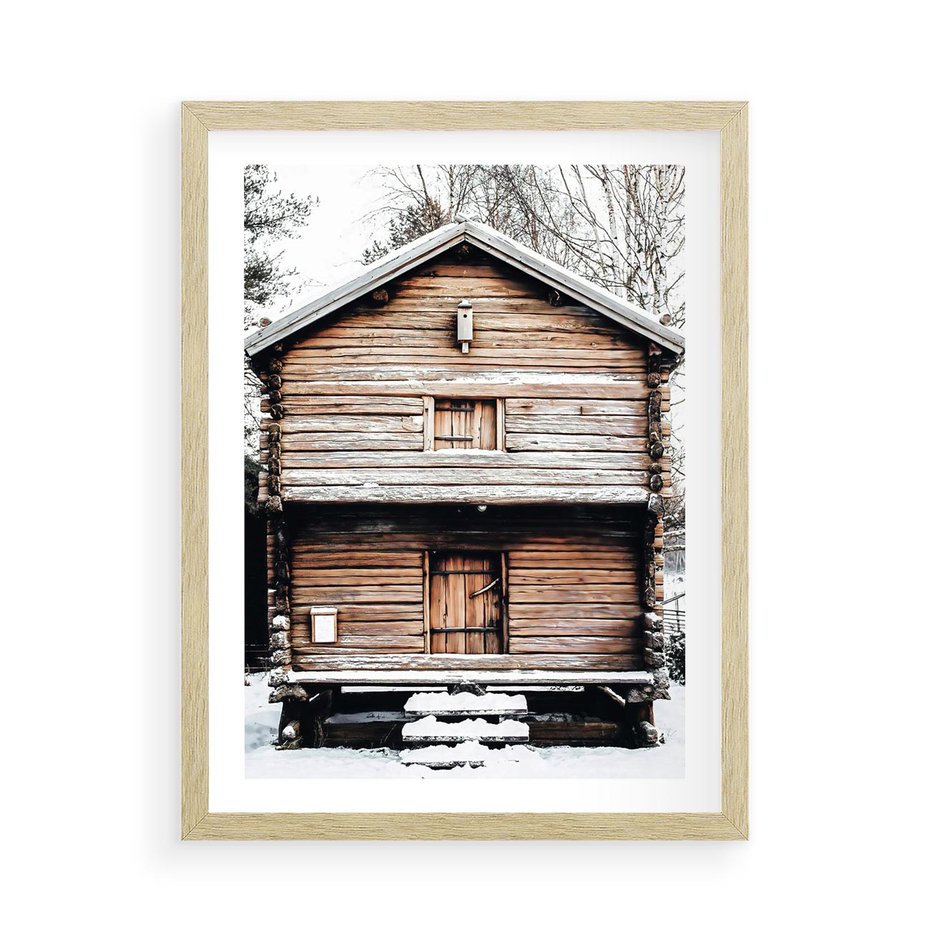 Plakat w ramie 50x70 - Śnieżny Ustronny Raj - domek w górach, śnieg - rama drewno