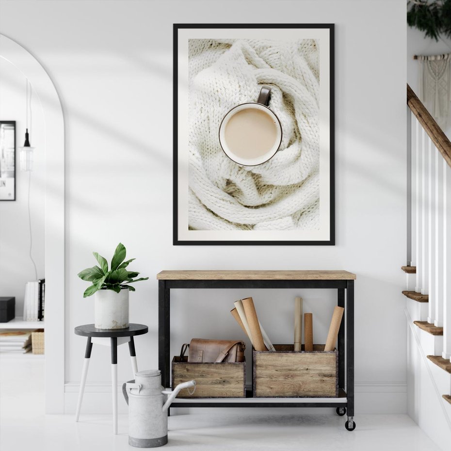 Plakat bez ramy 21x30 - Kawa na Wełnianym Kocu - kawa, biały wełniany koc