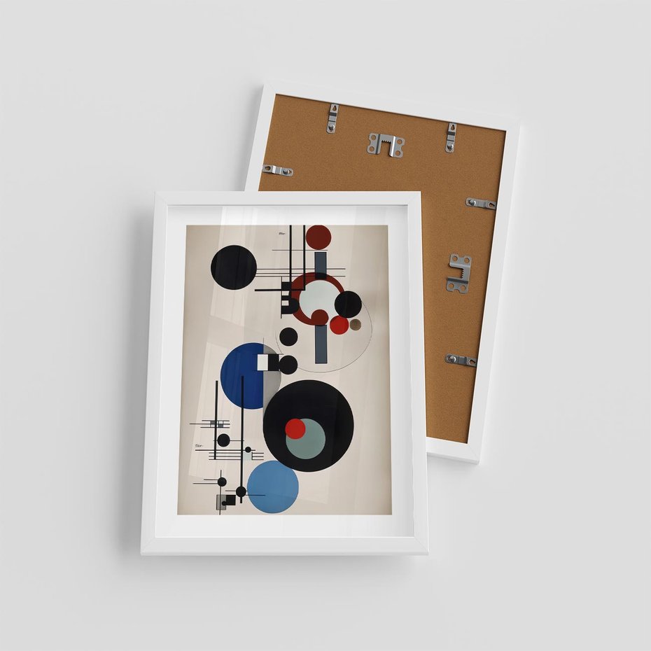 Plakat w ramie 30x40 - Rozkwitające Wibracje Wyobraźni - abstrakcyjna geometryczna kompozycja, koła linie - rama biała