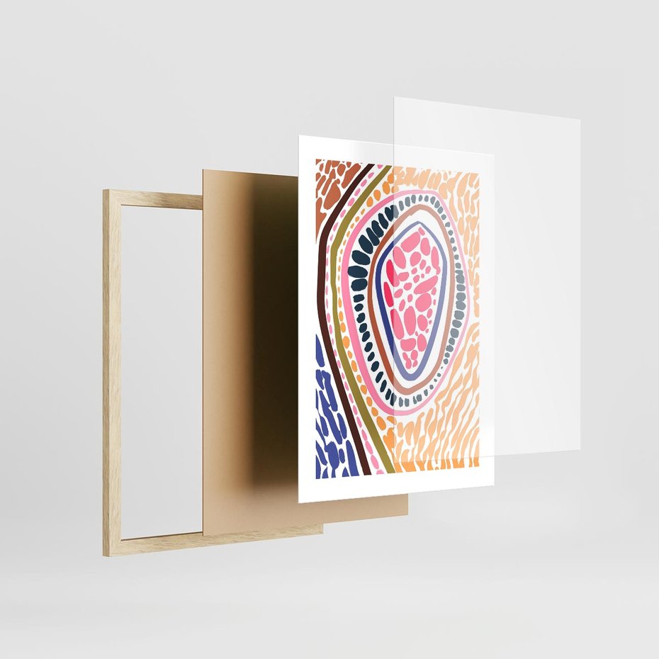 Plakat w ramie 30x40 - Rozchlapane Wizje - kolorowe wzory, tęczowe żywe kolory - rama drewno