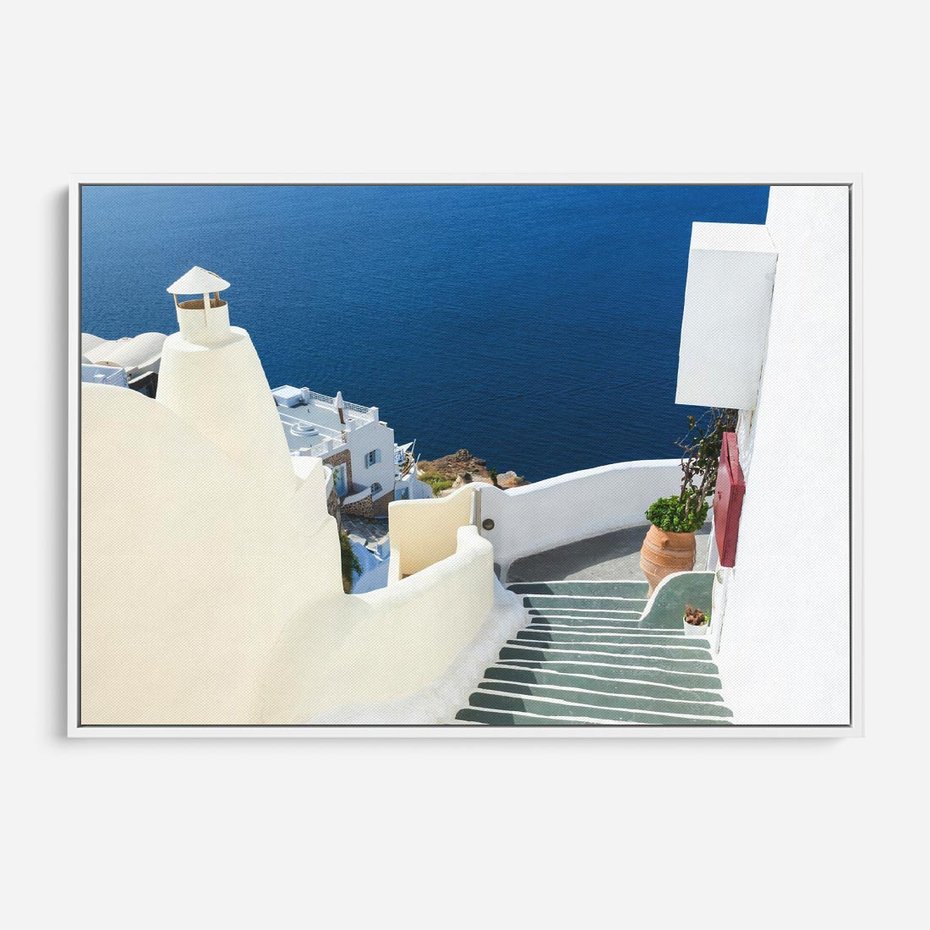 Obraz w ramie 120x80 - Malowniczy urok wyspy - Santorini, schodki - rama biała