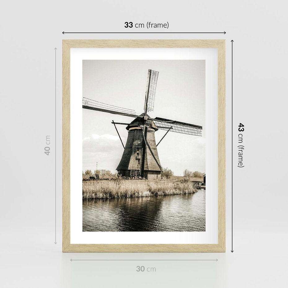 Plakat w ramie 30x40 - Holenderski Wiatrak w Sepii - holenderski wiatrak, młyn - rama drewno