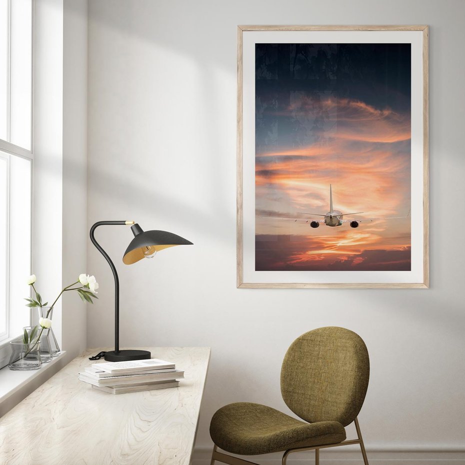 Plakat w ramie 30x40 - Podróż w Kierunku Słońca - samolot, samolot w powietrzu - rama drewno