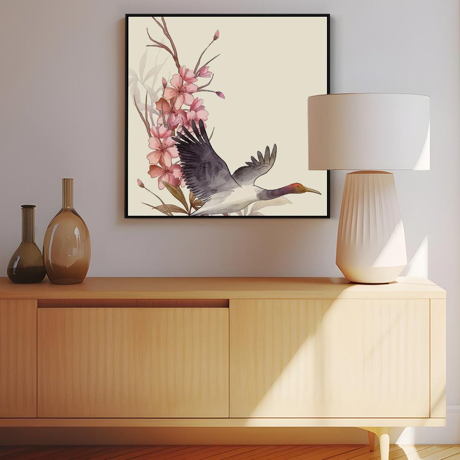 Obraz w ramie 50x50 - Szept Japonii - japońska sztuka, ptak - rama czarna