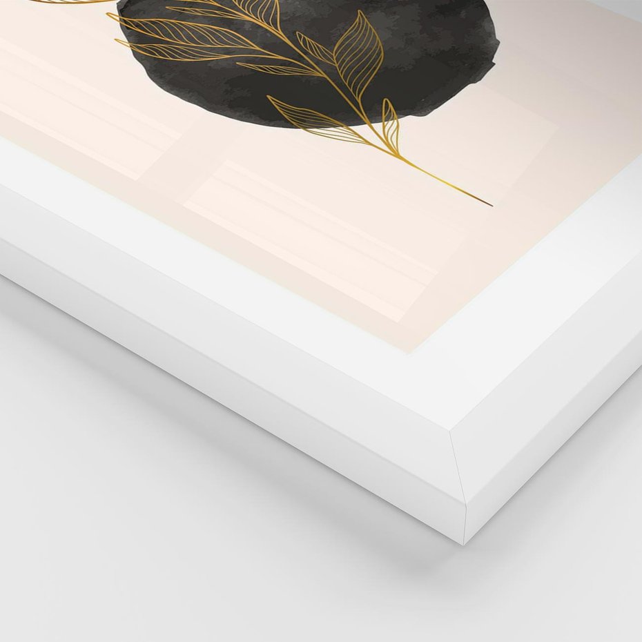 Plakat w ramie 40x50 - Złota Gałązka na Tle Akwarelowej Ciemności - złota gałązka, czarna plama akwarelowa w tle - rama biała