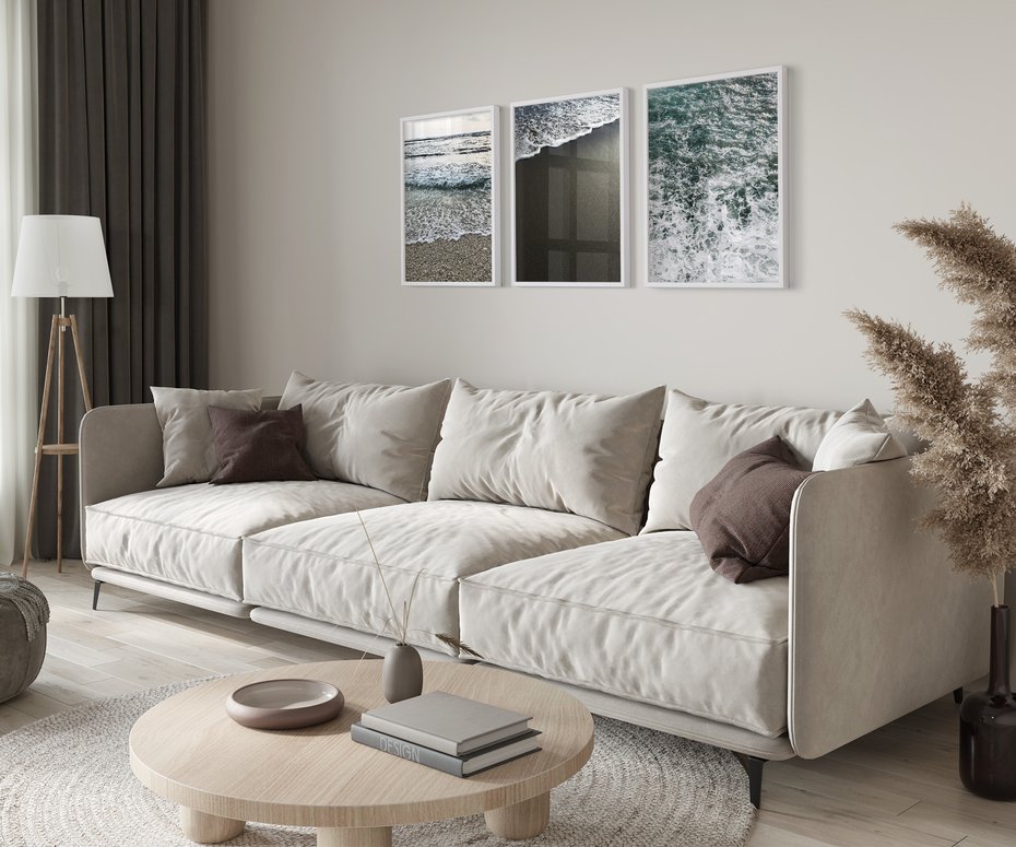 Zestaw obrazy w ramie 30x40 galeria - Plaża, morze, tryptyk - rama biała