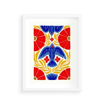 Plakat w ramie 40x50 - Eklektyczny Majestat - wyrazista grafika, mocne kolory czerwień niebieski żółty - rama biała