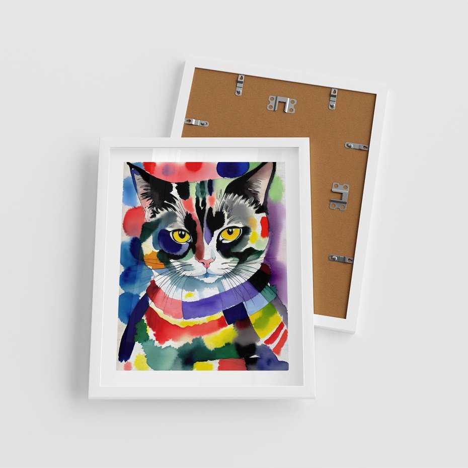 Plakat w ramie 40x50 - Koci Przyjaciel - abstrakcyjny obraz, akwarela - rama biała