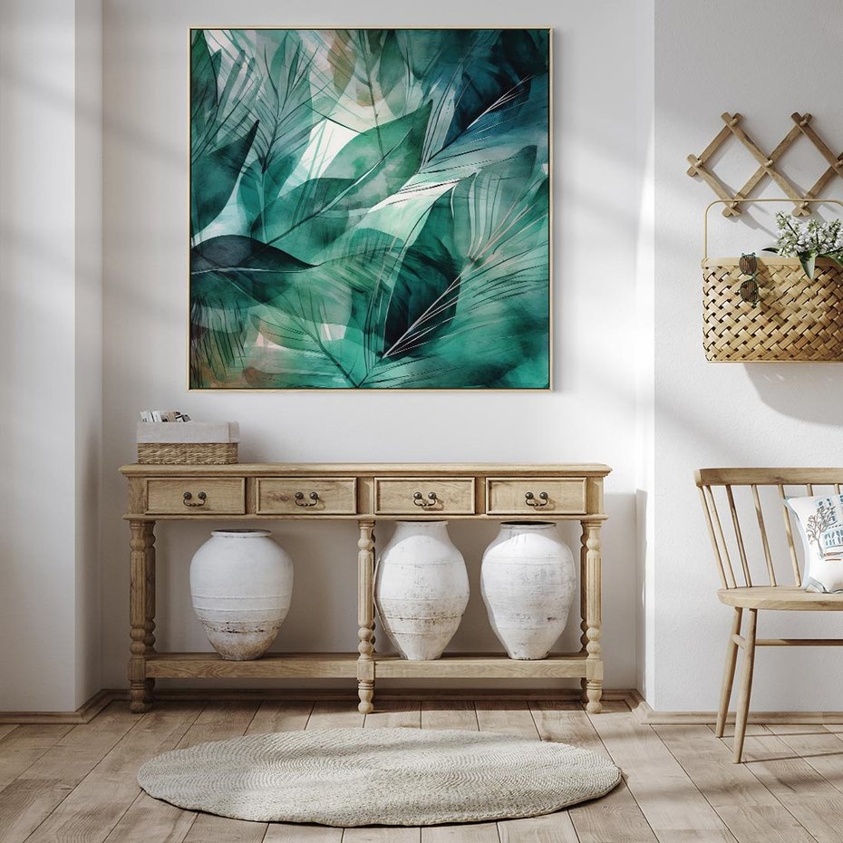 Obraz w ramie 50x50 - Zieleń Tropików - tropikalne zielone liście palmy, monstera - rama drewno