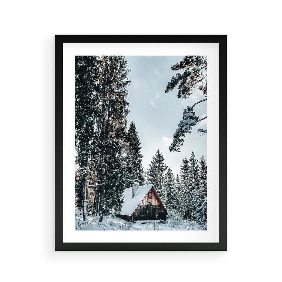 Plakat w ramie 40x50 - Górska Uroda Zimą: Dom w Śniegu - domek w górach, zima - rama czarna