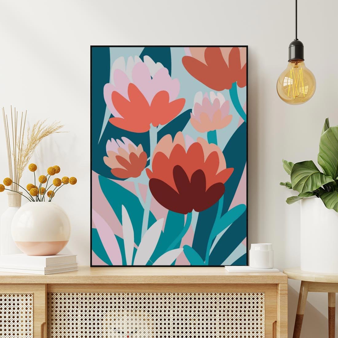 Obraz w ramie 70x100 - Symfonia Kwiatów - abstrakcyjna kompozycja kwiatowych form, kolor zgaszone - rama czarna