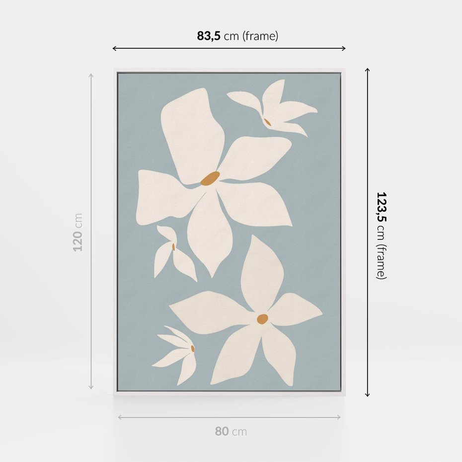 Obraz w ramie 80x120 - Błękit Kwiatów - kwiaty, nowoczesne i minimalistyczne - rama biała