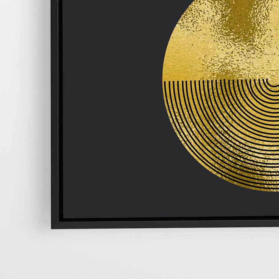 Obraz w ramie 50x50 - Migotliwe Przeniknięcia - złote koła, czarne tło - rama czarna