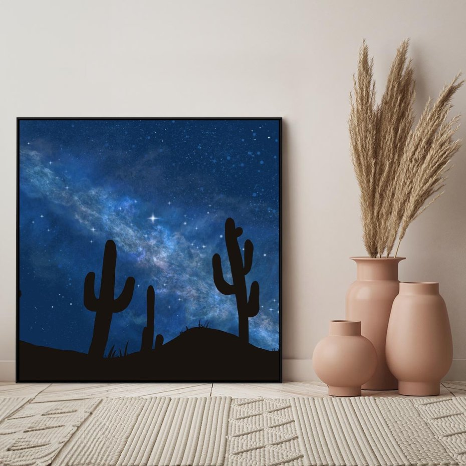 Obraz w ramie 50x50 - Nocne Tajemnice Pustyni - gwieździsta noc, granatowe niebo - rama czarna