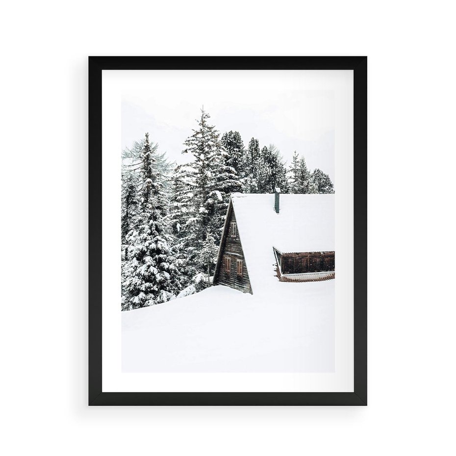 Plakat w ramie 40x50 - Zimowy Urok - śnieg, domek w górach - rama czarna