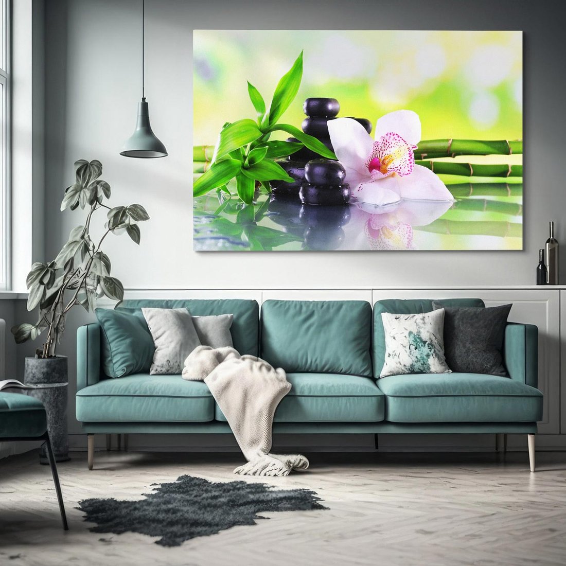 Obraz na płótnie 100x70 - Oaza Spokoju: Bambus, Kwiaty i Kamienie w SPA - bambus, kwiat