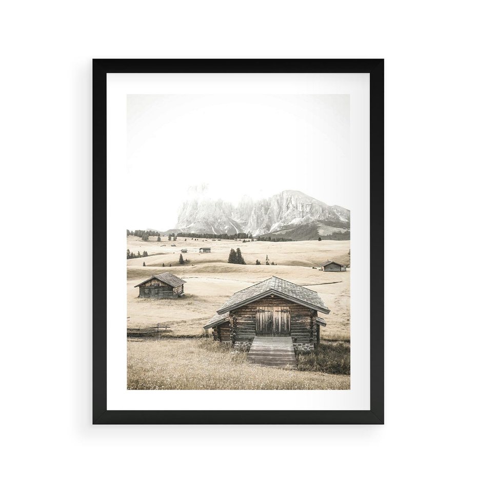 Plakat w ramie 40x50 - Chatka w Górskiej Sepii - domek w górach, chatka - rama czarna