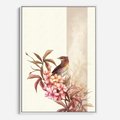 Obraz w ramie 70x100 - Kwiatowe Zanurzenie - japońska sztuka, ptak - rama biała