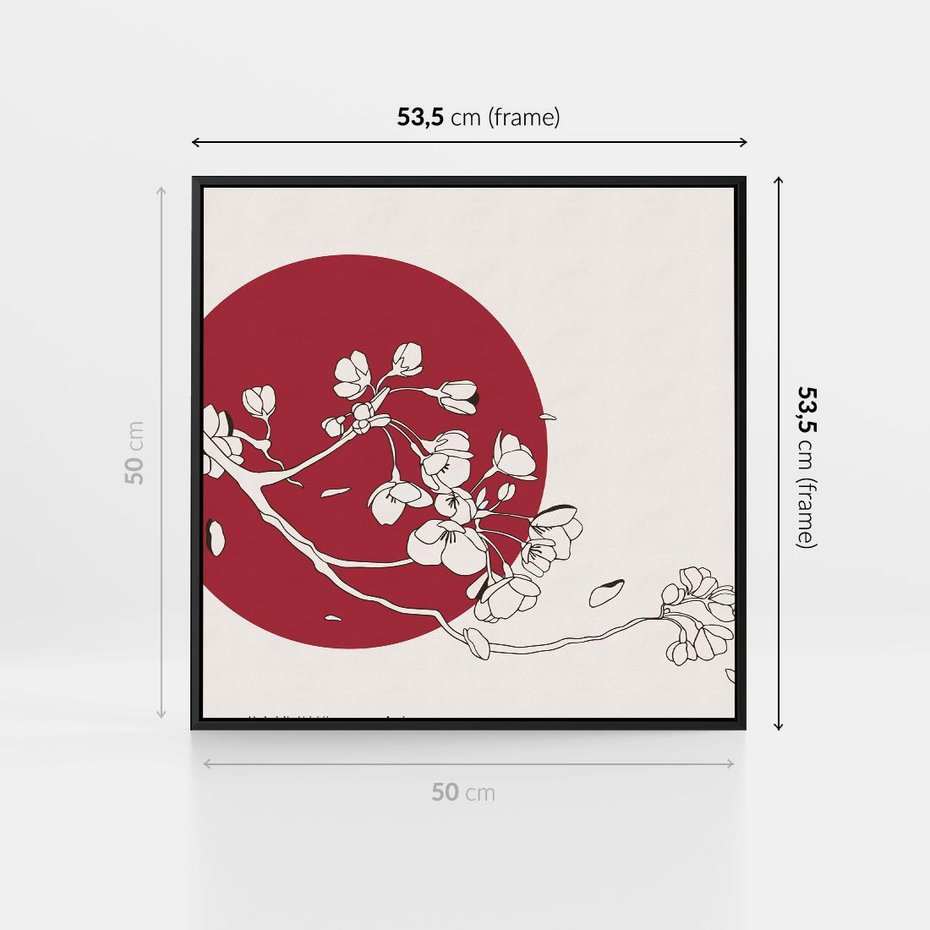 Obraz w ramie 50x50 - Esencja Zen - kwiatnąca wiśnia, orientalna grafika - rama czarna