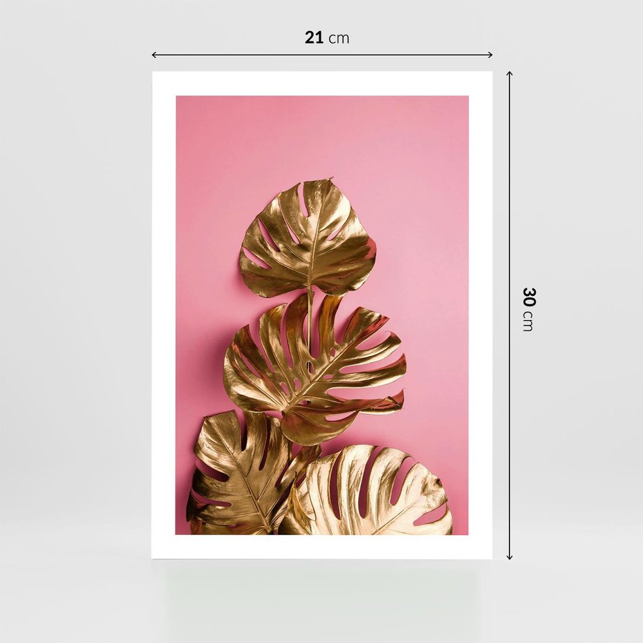 Plakat bez ramy 21x30 - Złote Liście Monstery: Delikatność na Różowym Tle - złote liście monstery, różowe tło