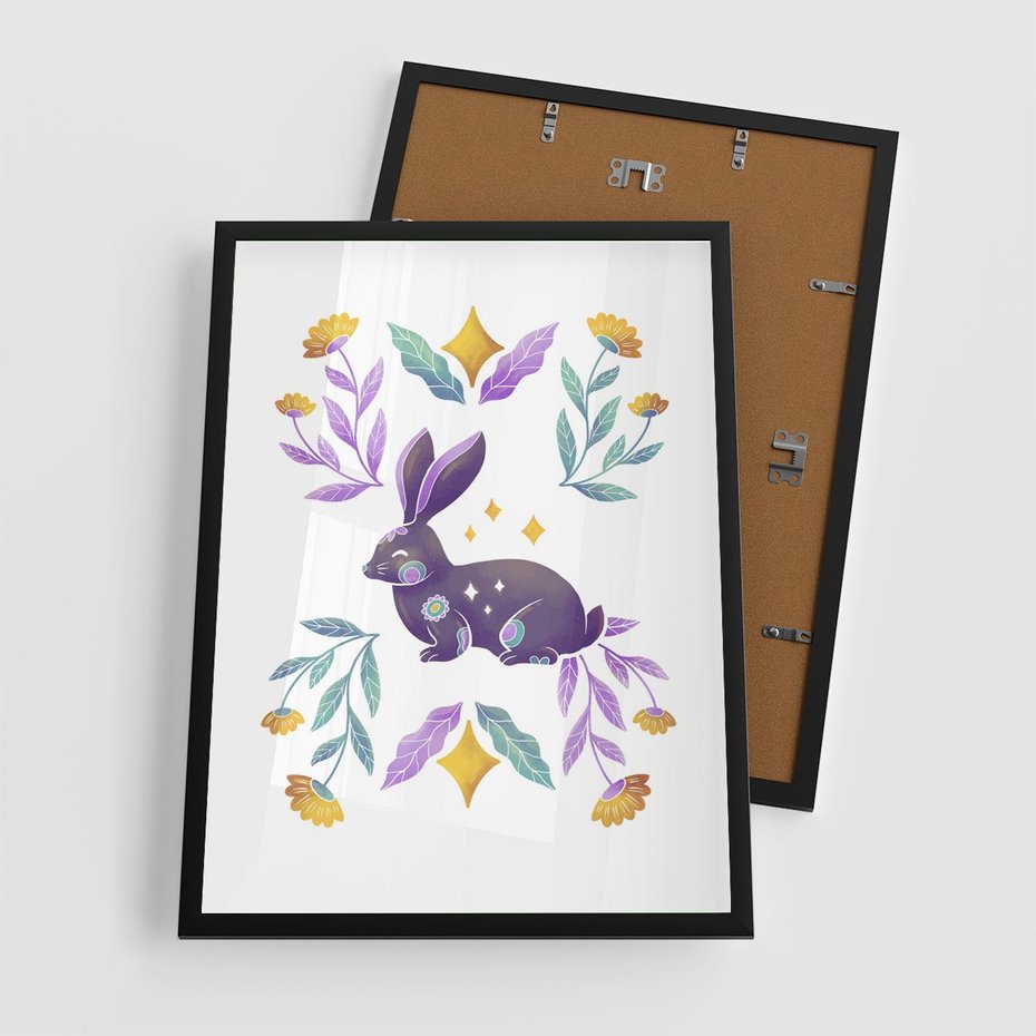 Plakat w ramie 50x70 - Boho Wiatr - boho plakat, królik - rama czarna