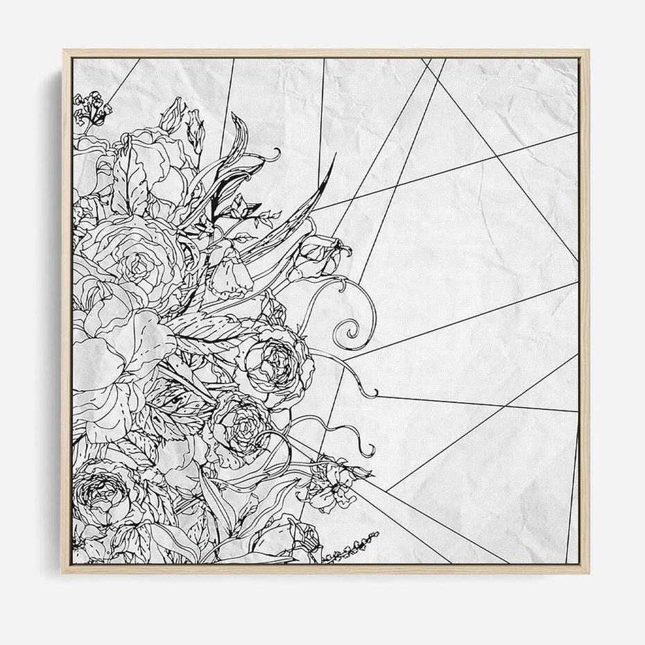 Obraz w ramie 80x80 - Refleksje w martwym punkcie - graficzny szkic, kompozycja kwiatów - rama drewno