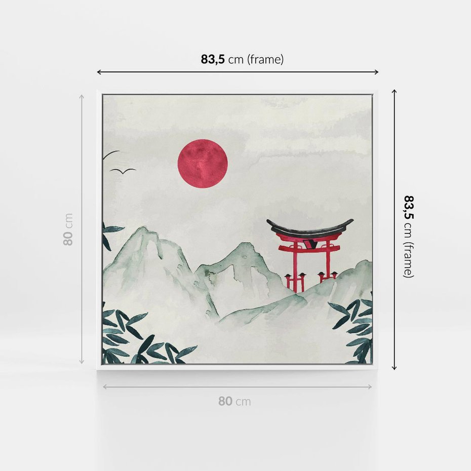 Obraz w ramie 80x80 - Słońce nad Górami - japoński krajobraz, góry - rama biała