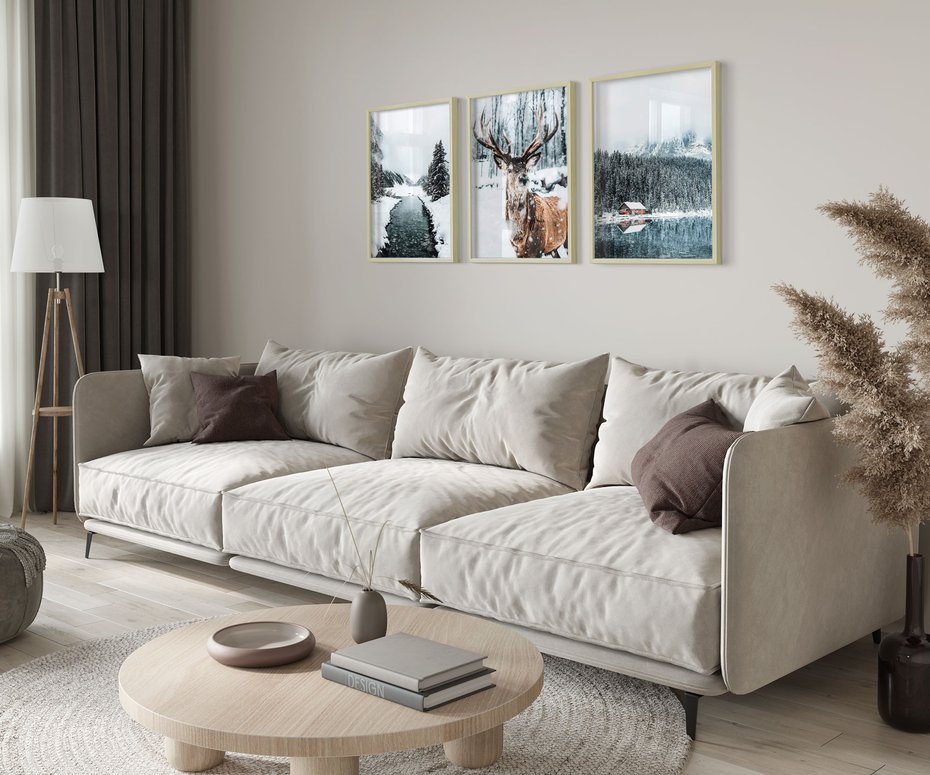 Zestaw obrazy w ramie 50x70 galeria - Jeleń, górska, chatka, zima - rama drewno