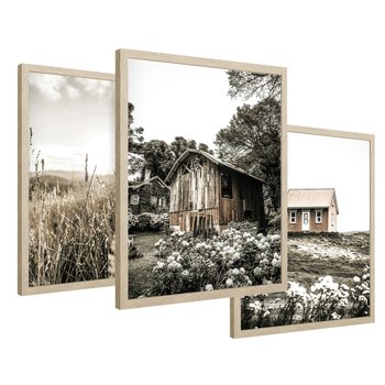Zestaw obrazy w ramie 40x50 galeria - Domki, pola, łąki, w, sepii - rama drewno