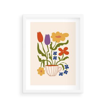 Plakat w ramie 30x40 - Kolorowe Granice - kwiaty w filizance, abstrakcja - rama biała