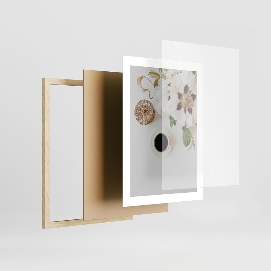 Plakat w ramie 30x40 - Bukiet Kwiatów i Kawa na Stole - fotografia, na stole bukiet - rama drewno