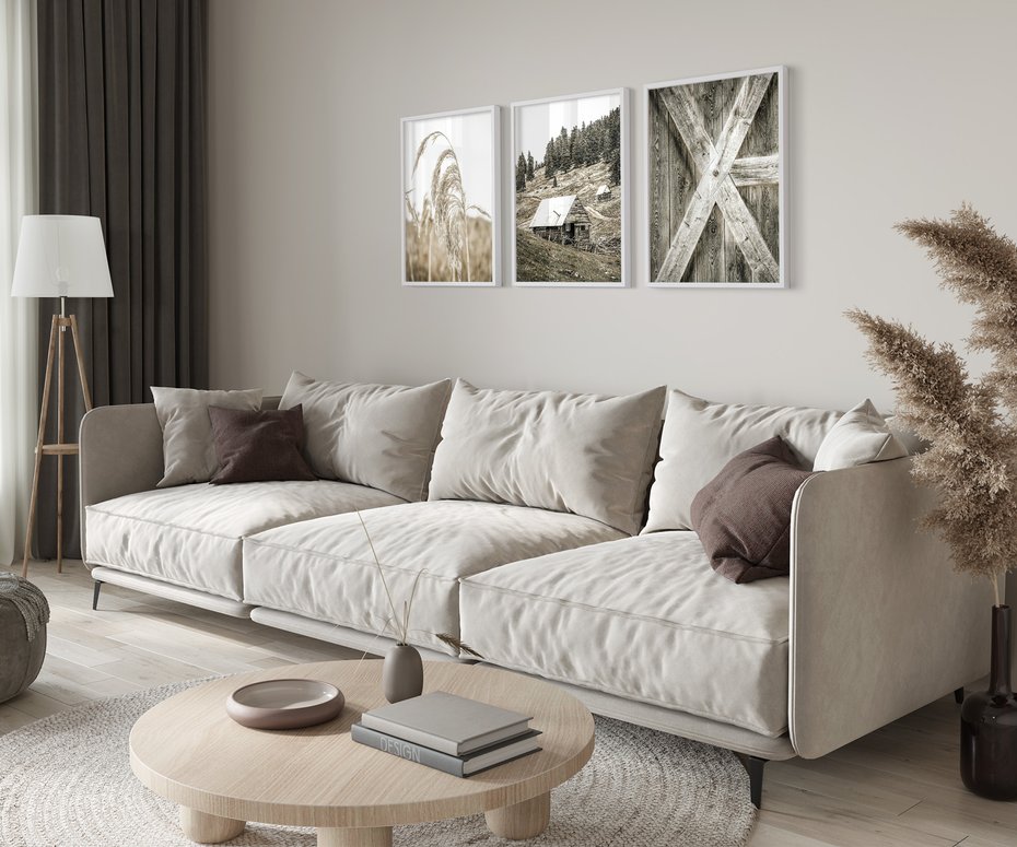 Zestaw obrazy w ramie 50x70 galeria - Chata, szopa, w, górach - rama biała