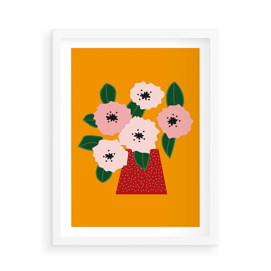 Plakat w ramie 50x70 - Harmonijne Granice - abstrakcyjne kwiaty, żółte tło - rama biała