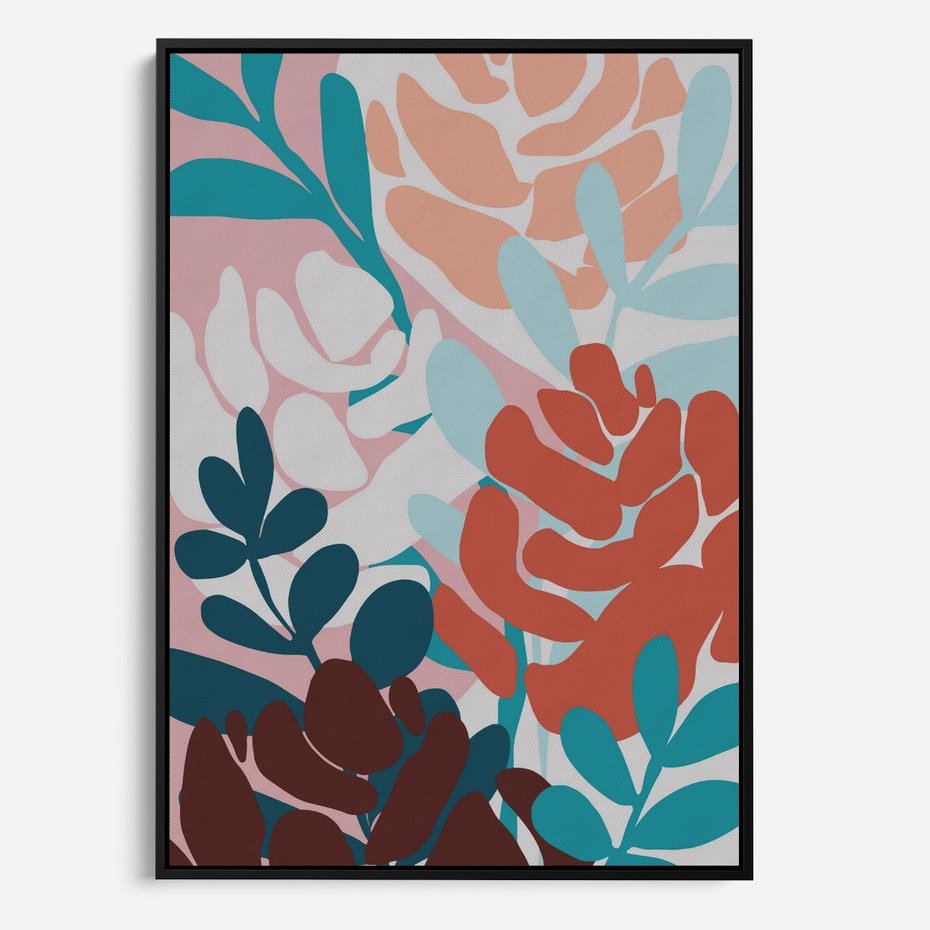 Obraz w ramie 70x100 - Impresje Kształtów - abstrakcyjna kompozycja kwiatowych form, kolor zgaszone - rama czarna